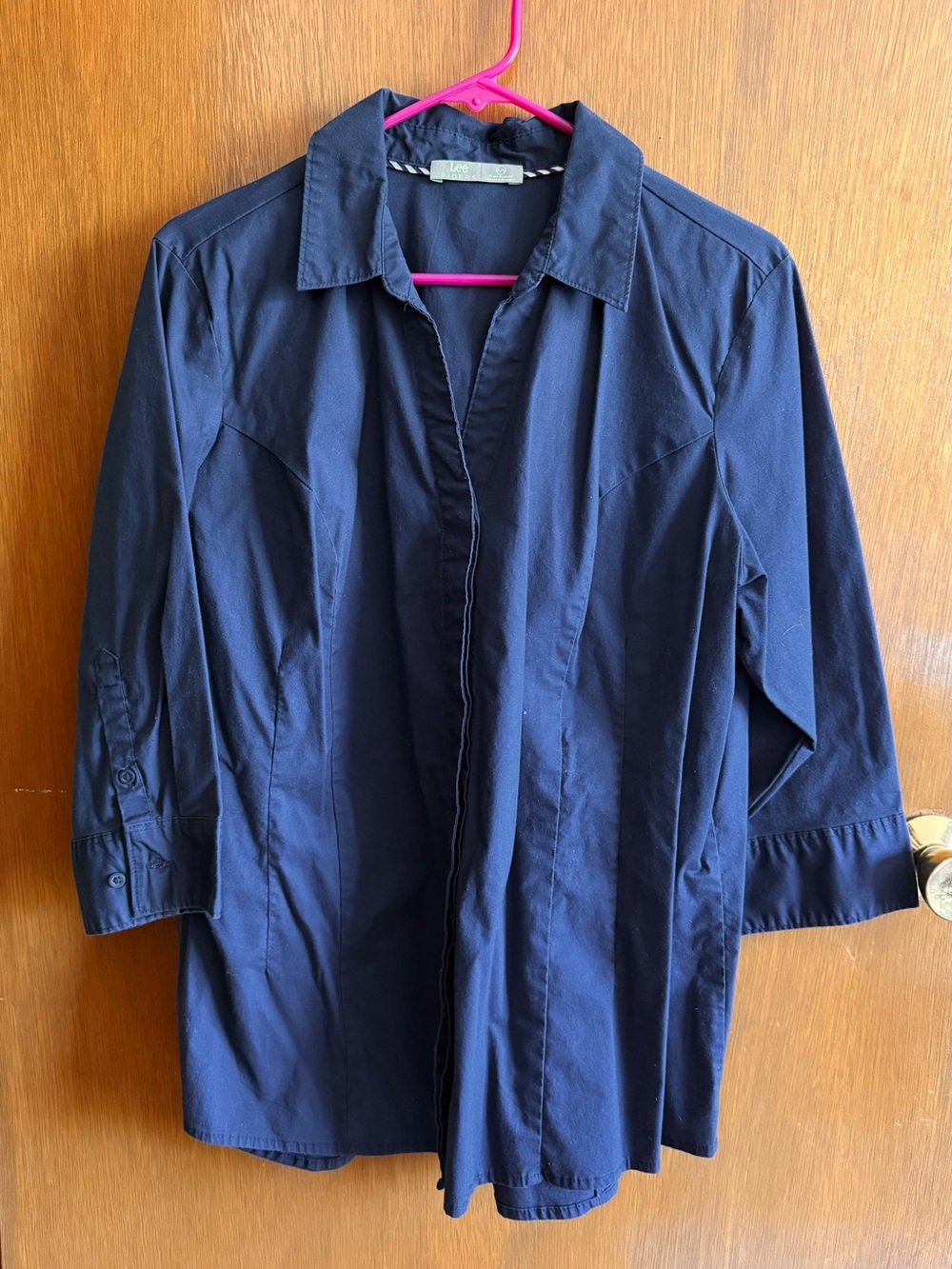 Riders by Lee 3/4 Sleeve Navy Blue Stretch Blouse Button Down XL